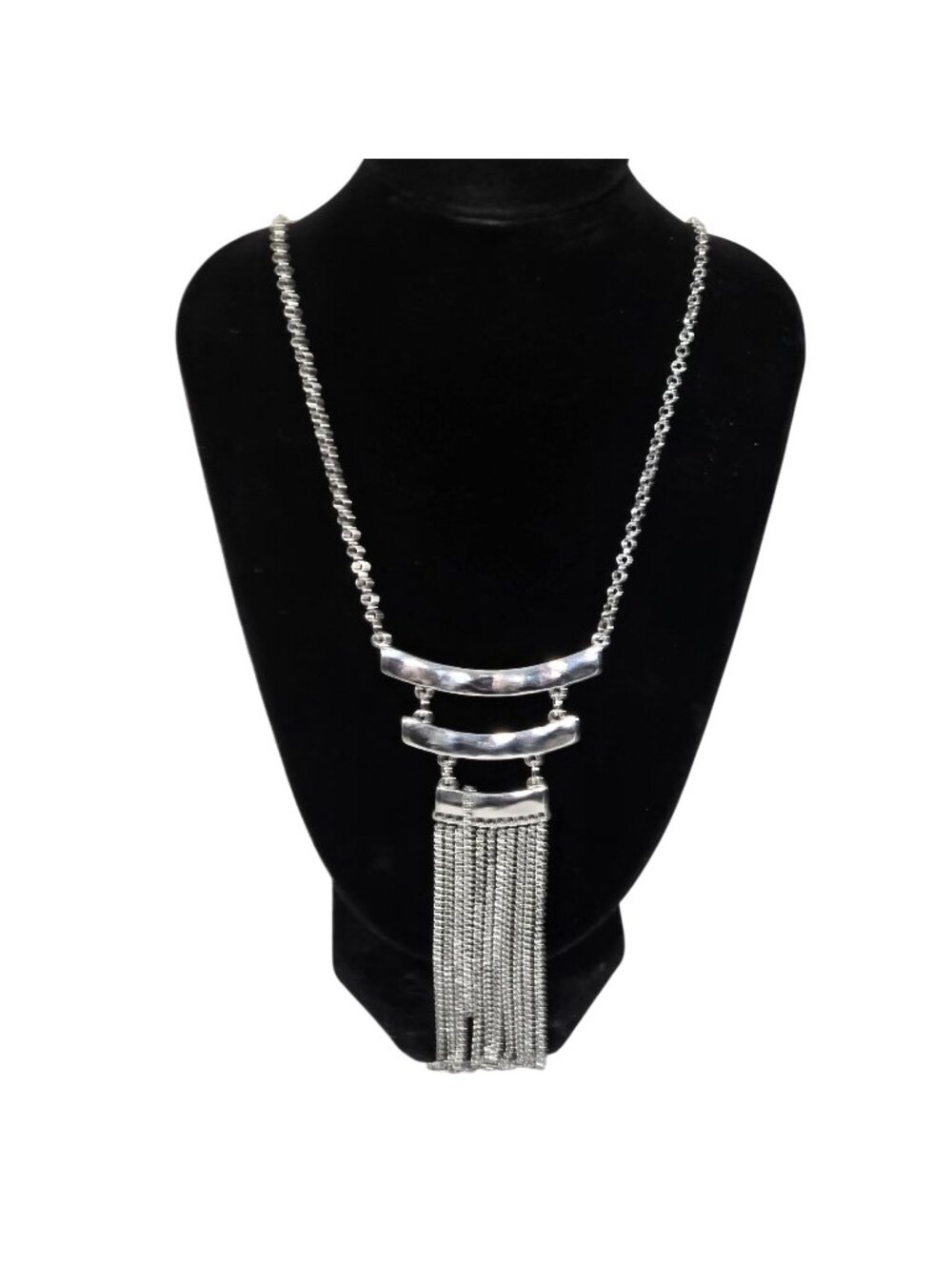 Silver Tone Tassel Fringe Statement Necklace Long Chain Boho Fashion Jewelry